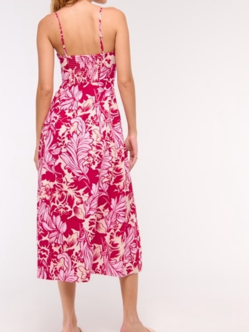 Abercrombie & Fitch Beaded Flowy Floral Red Pink Midi Dress Linen Blend Size XL - Picture 2 of 13